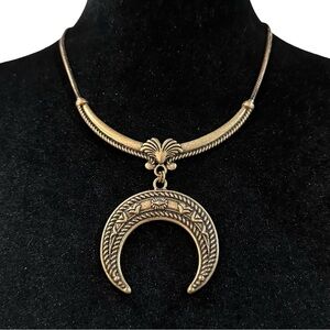 Crescent Moon Pendant Necklace Bib Style Antique Gold Tone Adjustable Length